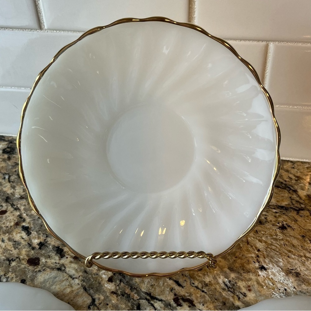 Vintage Anchor Hocking Milk Glass Gold Rim 6” Saucer | Set of 7